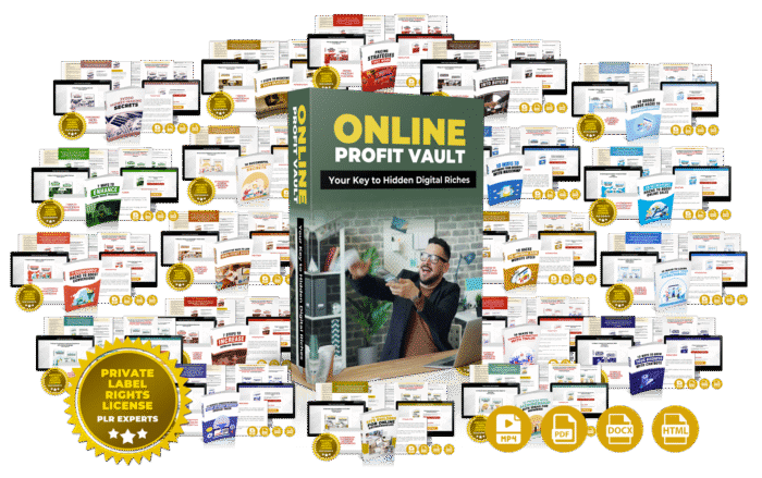 Promotional banner showing Online Profit Vault PLR Firesale with 20 done-for-you funnels, reports, videos, upsells, and editable content for marketers.