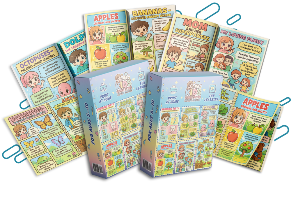 Kids Comic Style Study Books PLR product mockup showing fun comic-style learning posters and books with full PLR rights for resale and teaching use.