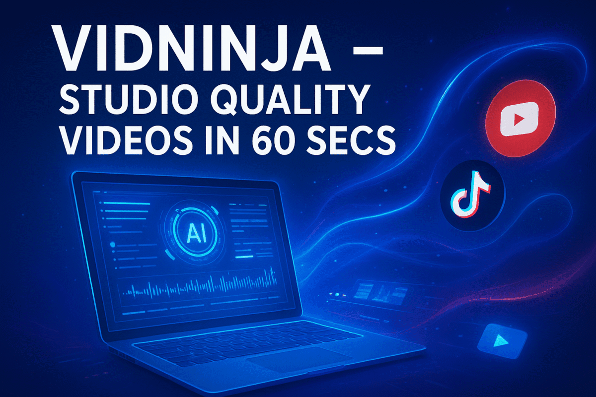 A futuristic digital workspace showing VidNinja AI creating a studio-quality video timeline with effects, subtitles, and voiceover options in multiple languages.