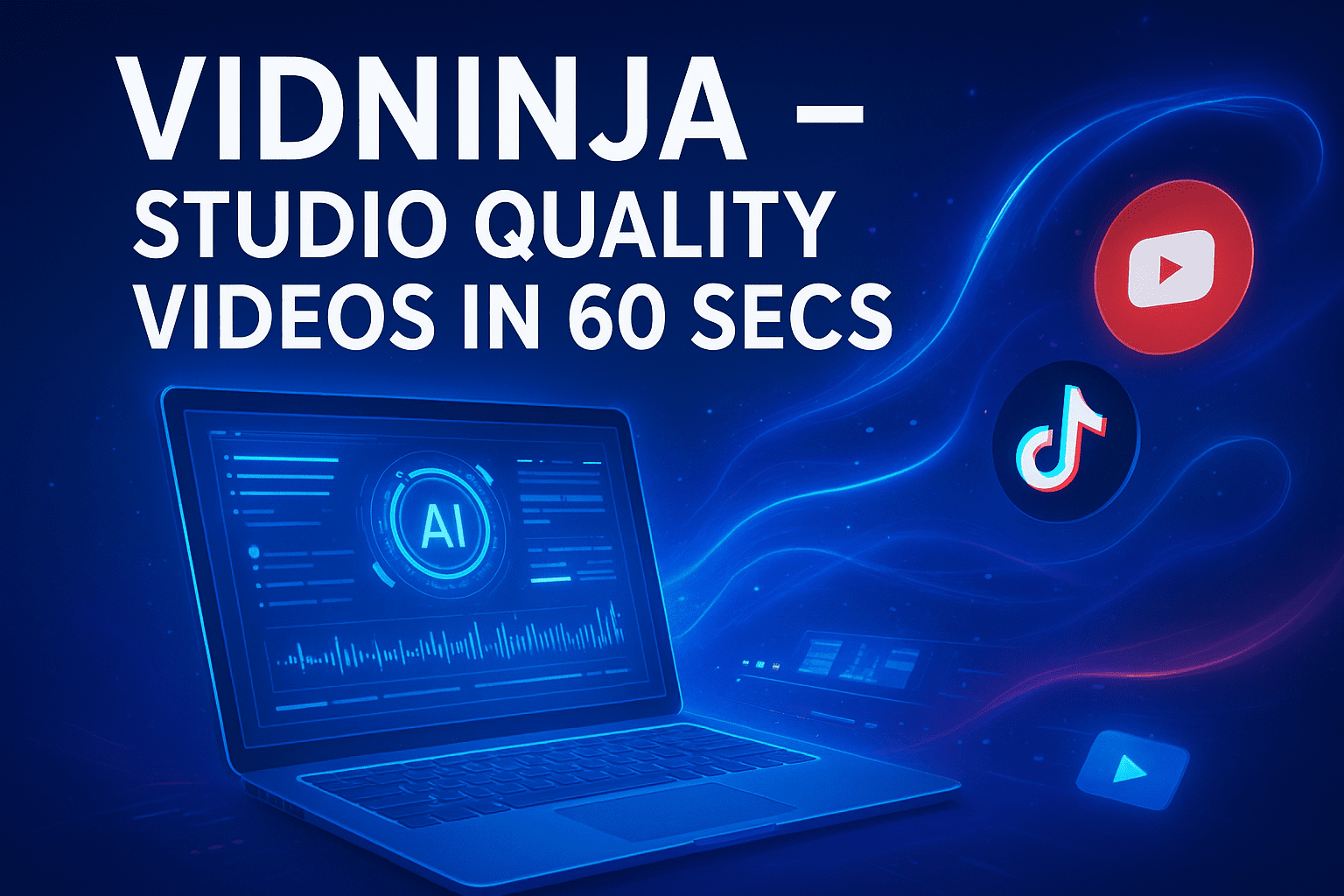 A futuristic digital workspace showing VidNinja AI creating a studio-quality video timeline with effects, subtitles, and voiceover options in multiple languages.