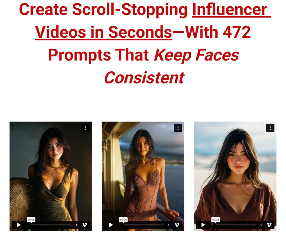 Generate photoreal Female-Influencer Videos instantly using AI prompts, creating consistent, high-converting content for social media marketing and digital products
