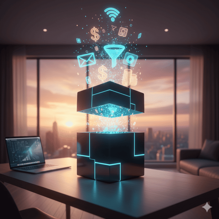 A conceptual 3D render of an Affiliate Marketing Business in a Box system showing automated marketing tools.