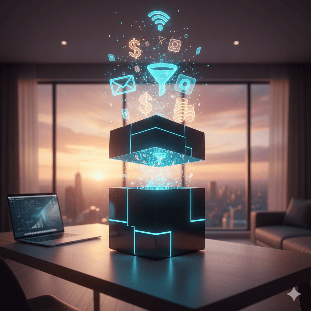 A conceptual 3D render of an Affiliate Marketing Business in a Box system showing automated marketing tools.