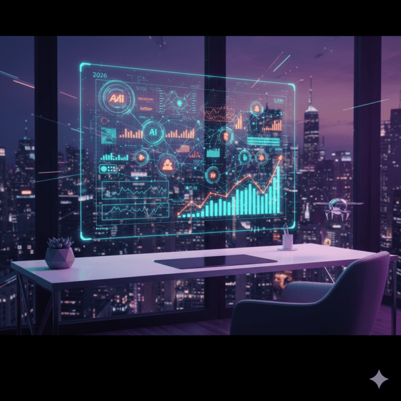 A futuristic home office representing AI Business Automation 2026 and frictionless entrepreneurship.