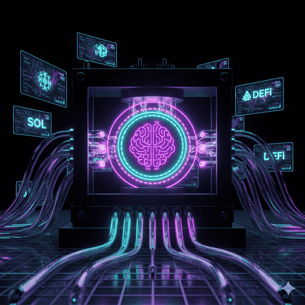 A futuristic AI memecoin launch concept showing a digital minting process on the Solana blockchain.