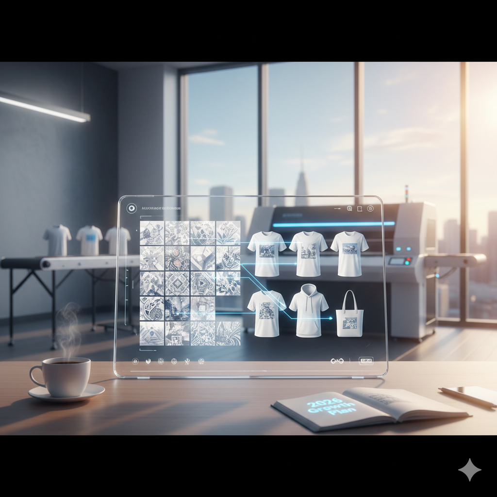 A professional studio setup demonstrating AI print on demand automation with digital dashboards and automated garment printing.