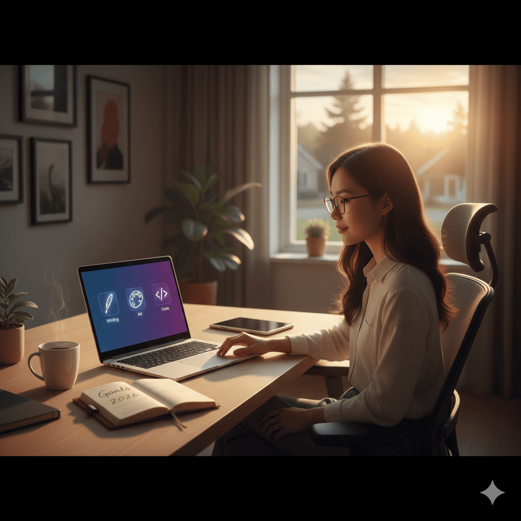 A comfortable and modern home office setup illustrating a person successfully managing multiple AI side hustles for beginners in 2026.