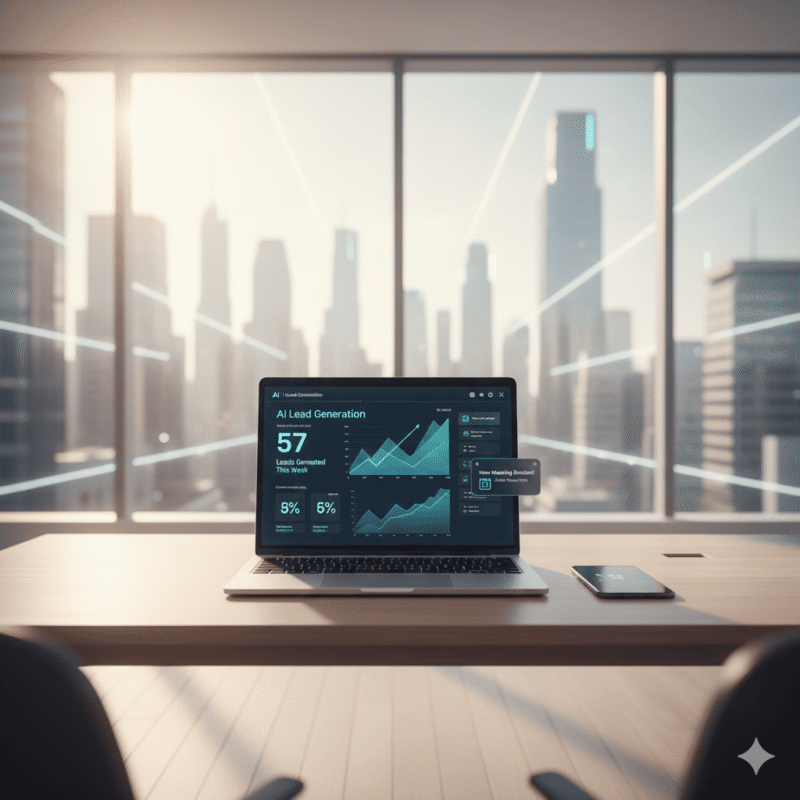 A modern B2B sales office setup featuring an automated cold outreach AI dashboard with high-performing lead generation analytics.