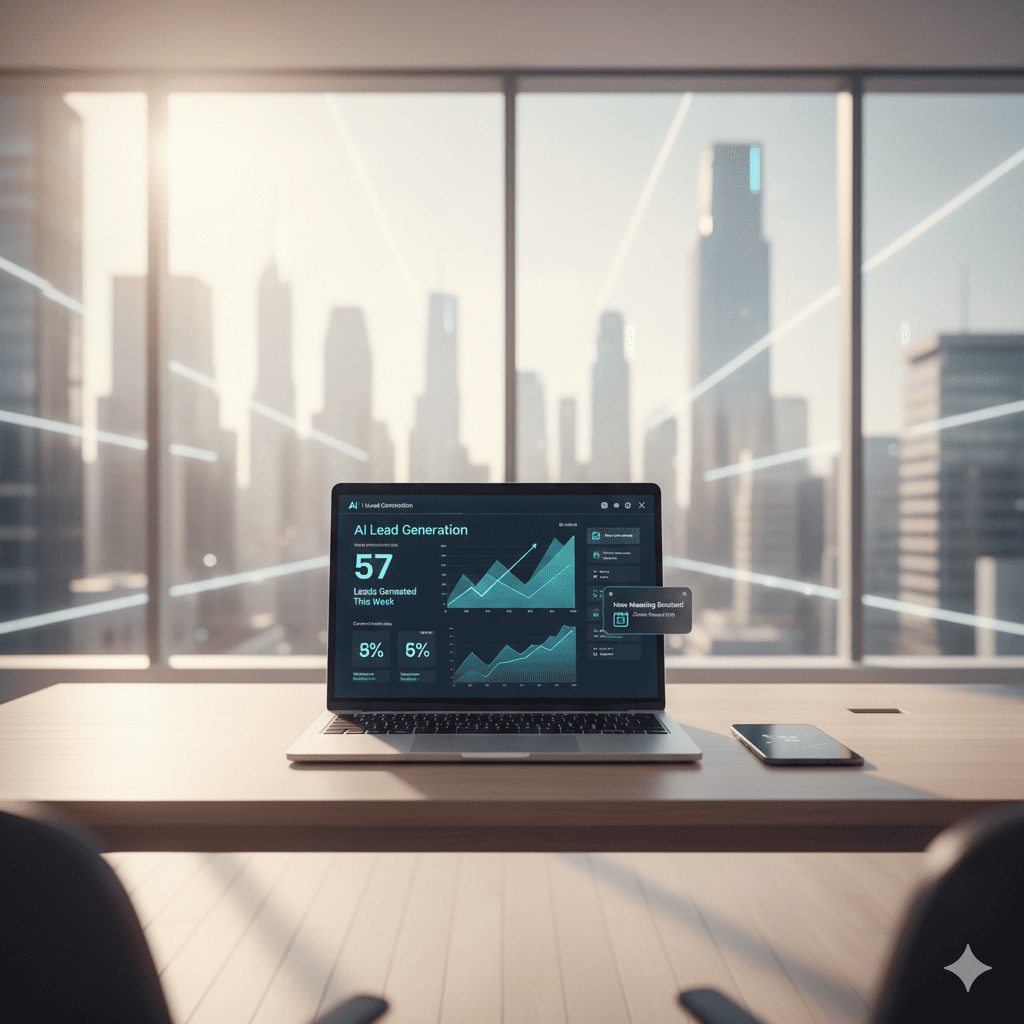 A modern B2B sales office setup featuring an automated cold outreach AI dashboard with high-performing lead generation analytics.