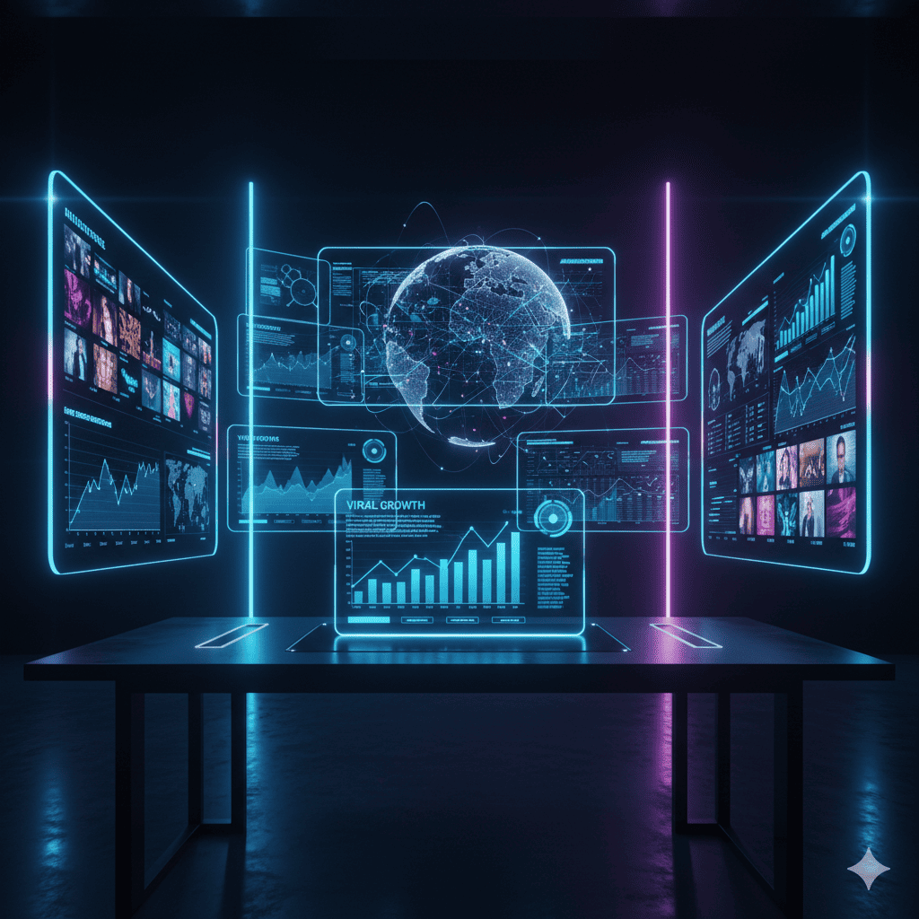 A futuristic social media management command center showcasing the best AI tools for social media 2026 with holographic engagement analytics.