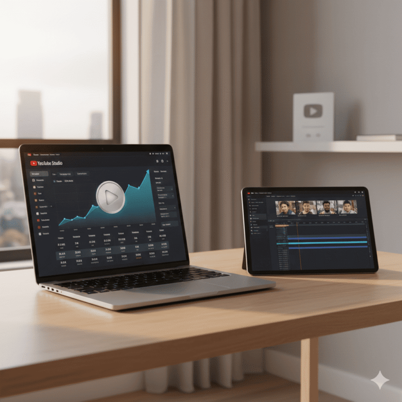 A professional creator workspace showing a faceless YouTube channel AI dashboard and video editing software for scaling an anonymous channel.