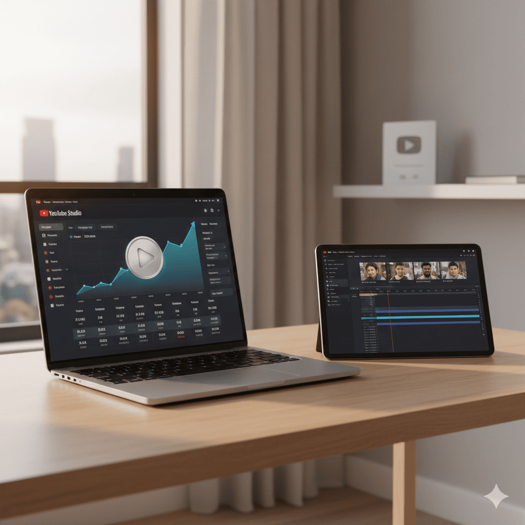 A professional creator workspace showing a faceless YouTube channel AI dashboard and video editing software for scaling an anonymous channel.