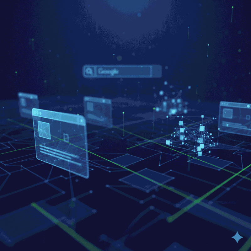 Abstract representation of Google Ghost Pages Strategy and ranking digital assets without a traditional website.