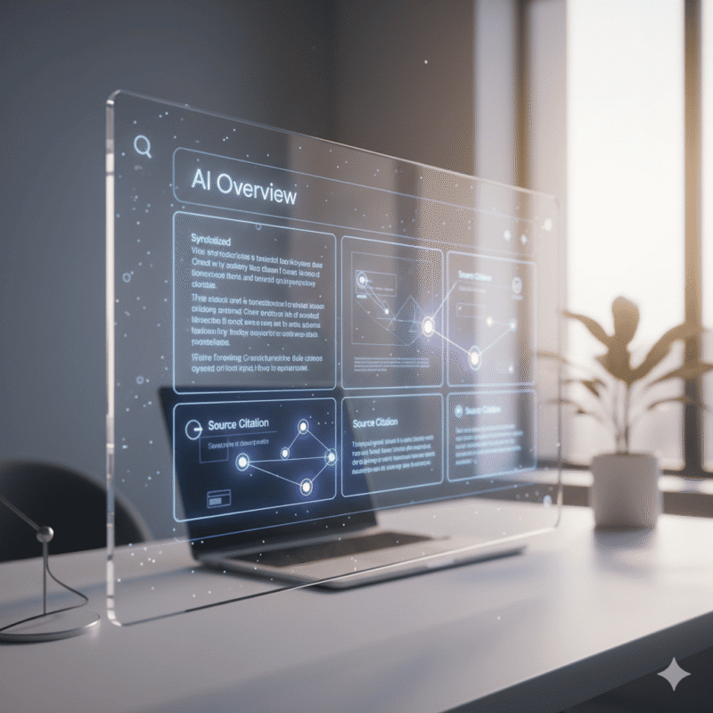 A futuristic search interface illustrating Google SEO for AI Overviews with highlighted source citations and generative search summaries.