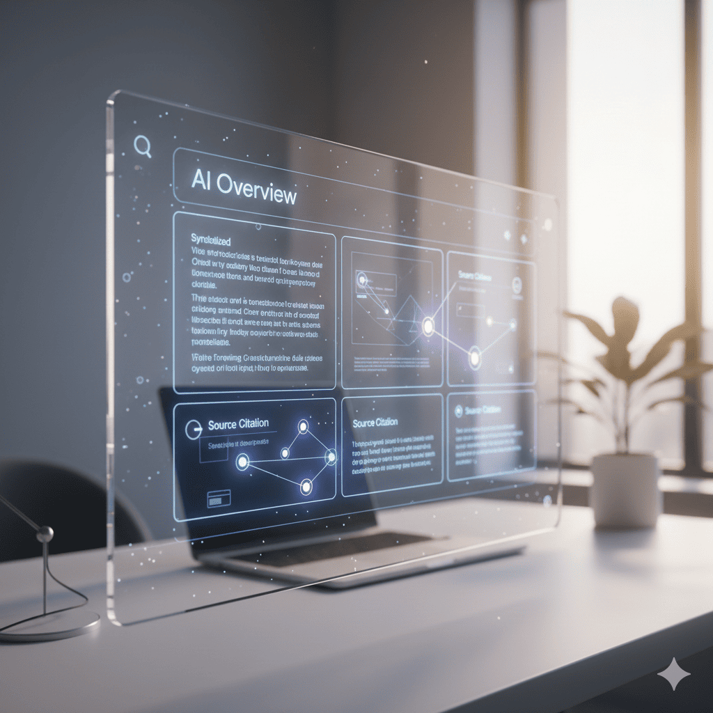 A futuristic search interface illustrating Google SEO for AI Overviews with highlighted source citations and generative search summaries.