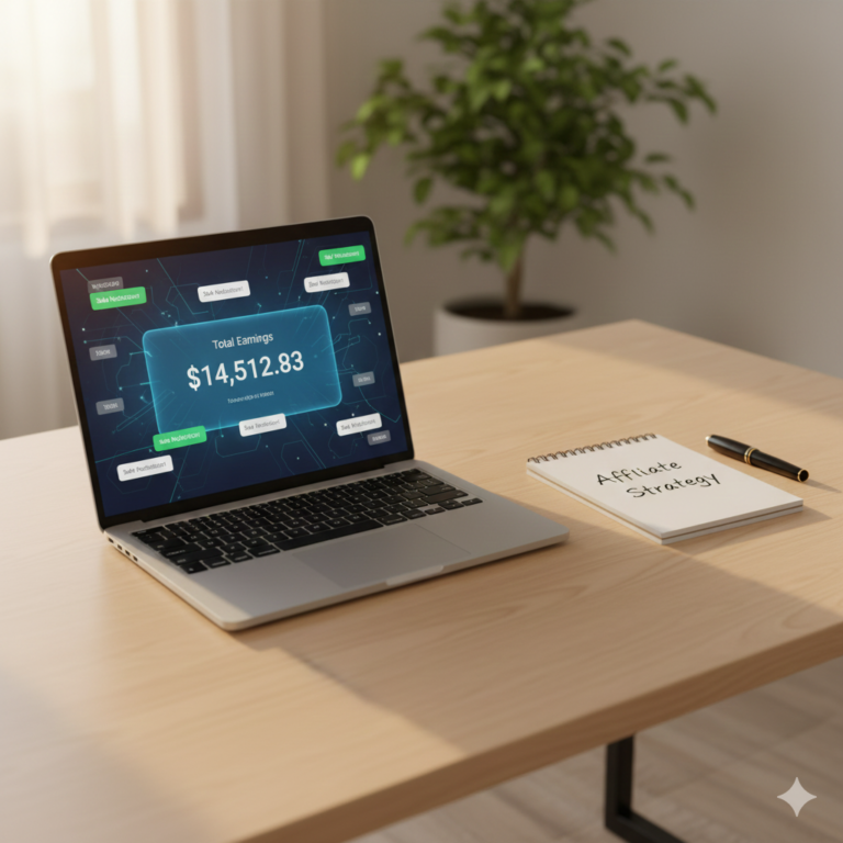 A successful digital marketer's workspace showing a dashboard with high-volume sales from low-ticket affiliate marketing tips.