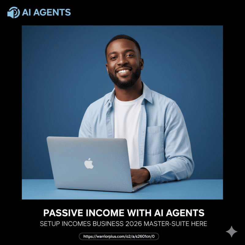 A futuristic home office showing a dashboard for passive income with AI agents, illustrating a ghost business generating revenue 24/7.