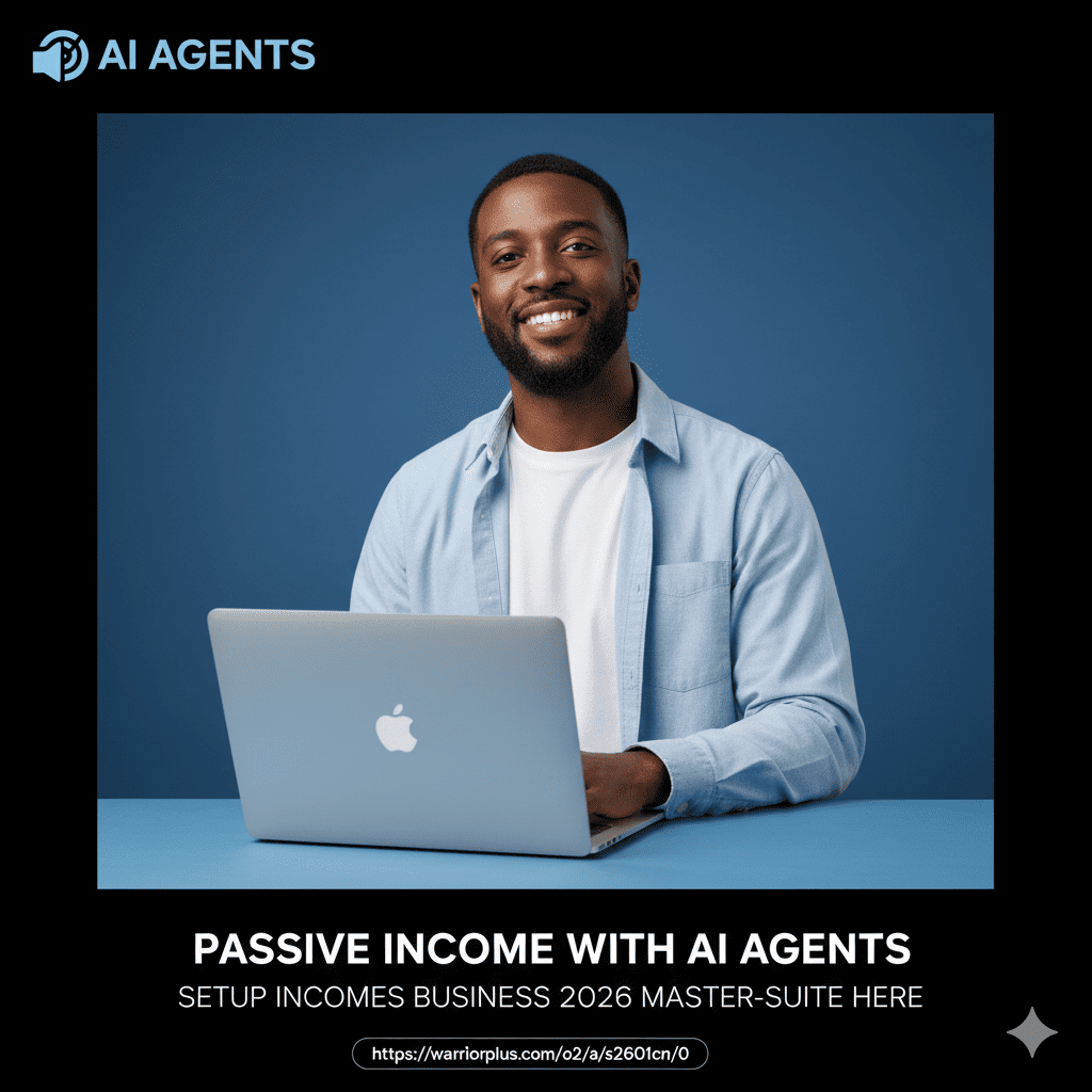 A futuristic home office showing a dashboard for passive income with AI agents, illustrating a ghost business generating revenue 24/7.