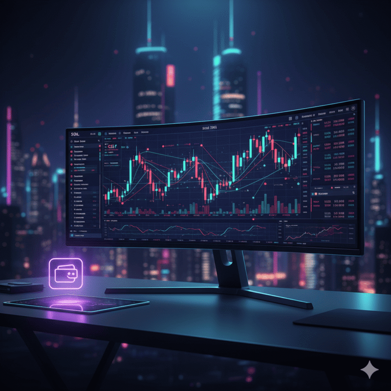 A futuristic workstation setup for a Solana AI trading bot, displaying algorithmic trading data and Phantom wallet integration.
