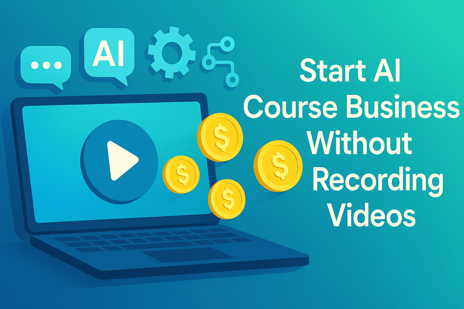 Modern flat illustration showing a laptop with a video play icon, AI chat bubbles, automation icons and dollar coins, promoting how to start an AI course business without recording videos.