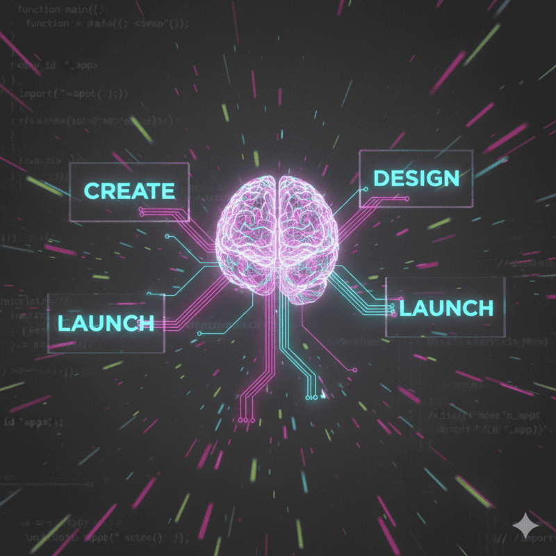 A futuristic visualization of the Vibe Coding Guide concept showing AI translating intent into software.