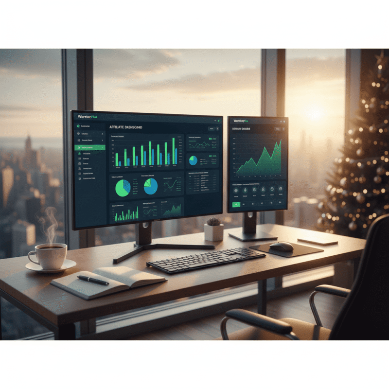 A professional home office setup illustrating WarriorPlus training for beginners with analytics on screen.