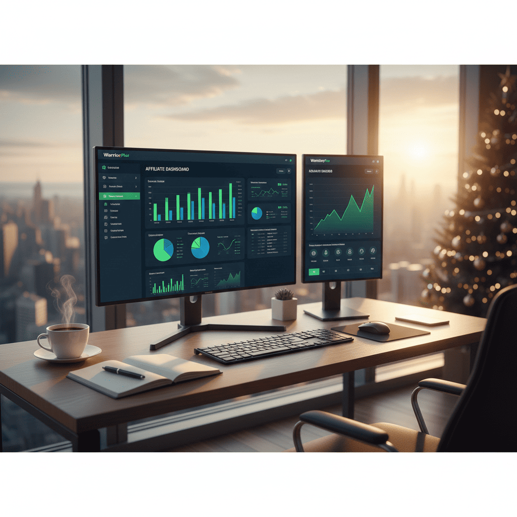 A professional home office setup illustrating WarriorPlus training for beginners with analytics on screen.