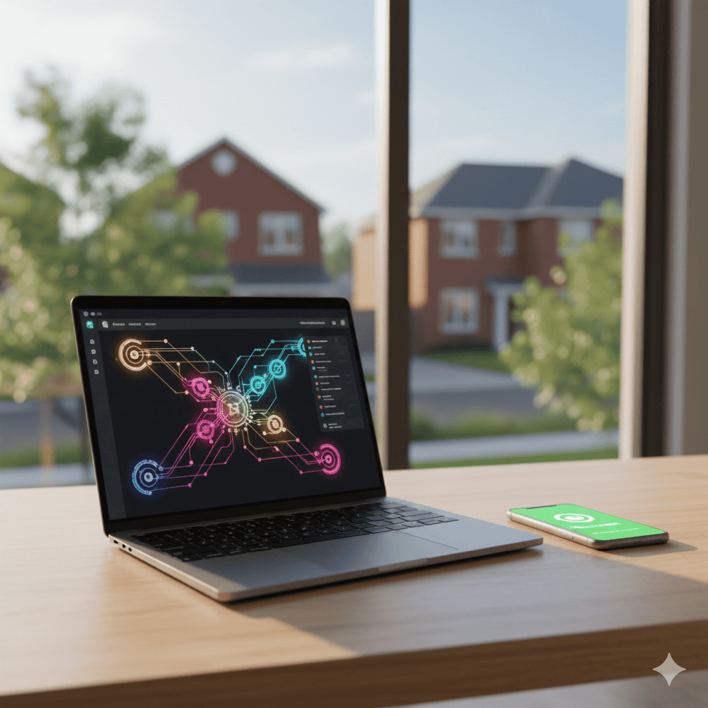 A professional workstation illustrating the setup for an AI agency for small business, featuring workflow optimization tools and local business scaling data.
